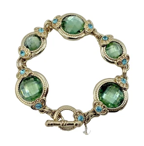 Vintage Napier Crystal Bracelet Ornate Regal Gold-Tone Green & Blue Stones 7" - Picture 1 of 9