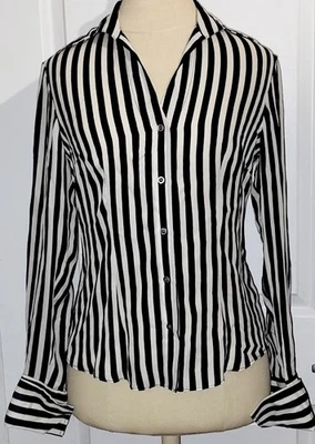 INC Black & White Striped Silk Button Up Top Blouse Womens Size 4 Small - Image 1 of 4