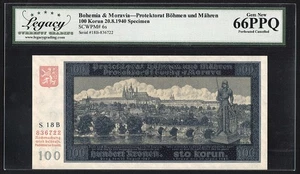 1940 Bohemia & Moravia, SPECIMEN, 100 Korun, 20.8.1940, Pick-6s, Legacy 66 UNC - Picture 1 of 4