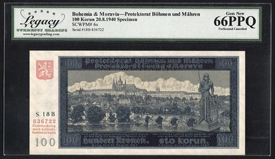 1940 Bohemia & Moravia, SPECIMEN, 100 Korun, 20.8.1940, Pick-6s, Legacy 66 UNC - Image 1 of 4