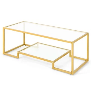 45''Rectangular Tempered Glass Accent Table Coffee Table W/ Shelf Living Room - Picture 1 of 8