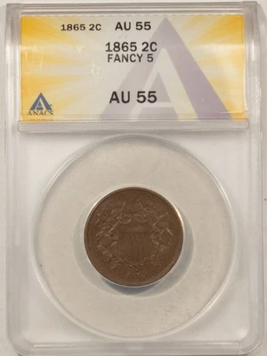 1865 TWO CENT PIECE, FANCY 5 - ANACS AU-55, FRESH & PREMIUM QUALITY! - Image 1 of 3