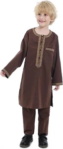 HANYIMIDOO Boy's Muslim Arab Round Collar Embroider Thobe Solid Pants Set 12-13 - Picture 1 of 8