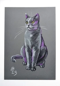 Original Pastel Scottish Straight Cat 12x8 OOAK Signed Golden Eyes Wall Art - Picture 1 of 6