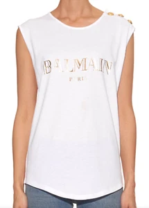 NWT Balmain White Gold Logo Lion Shoulder Button Sleeveless T-Shirt 42 10 $595 - Picture 1 of 12