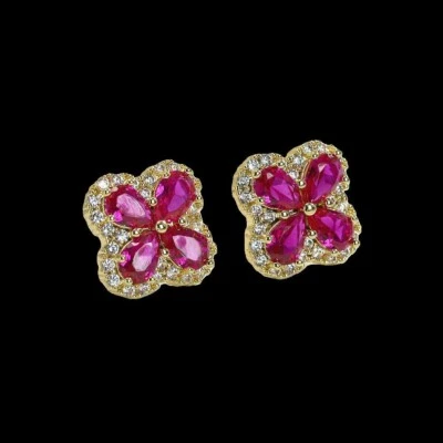 925 Sterling Silver 4x6mm Pear Ruby 1/2'' Earrings Gemstone Yellow Gold Plated - Image 1 of 3