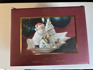 Vintage Lenox Holiday Salt & Pepper Shaker Set w/ Tray - Santa & Christmas Tree