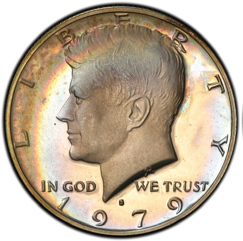 PR66CAM 1979-S 50C Kennedy Proof Half Dollar, PCGS Secure- Pretty Rainbow Toned Cover