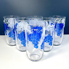 Vintage MCM Grapes With Vines Themed Glass Tumblers 8 oz. Blue White Set of 6