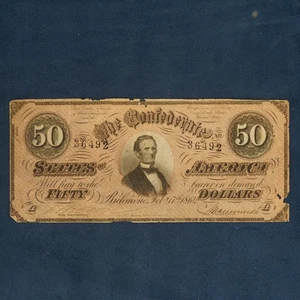 1864 Confederate States of America $50 Note - Free Shipping USA - Picture 1 of 5