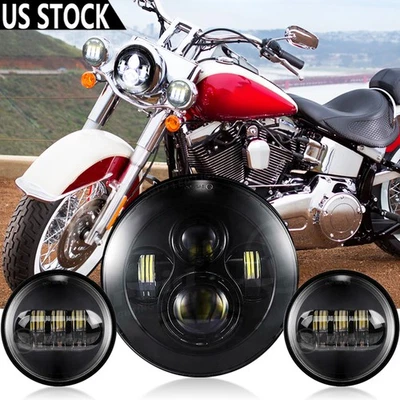 For Harley Davidson Heritage Softail Classic 7" LED Headlight +Fog Passing Light - Image 1 of 4