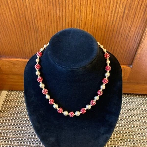 Vintage 18" Necklace Red Rhinestone Pave Gold Tone Textured Coated Round Beads - Picture 1 of 13