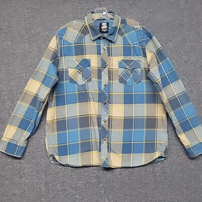 Camisa masculina Route 66 azul, cinza amarela xadrez flanela frente de pressão tamanho XL - Imagem 1 de 4