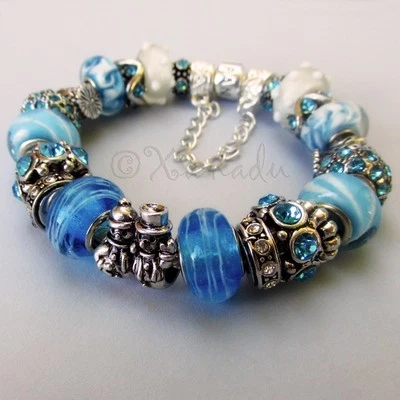 Genuine Sterling Silver Pandora Bracelet With Turquoise Blue Murano Glass Beads - Image 1 of 4