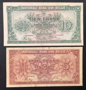 1943 BELGIUM PAPER MONEY - 5 & 10 FRANCS BANKNOTES! - Picture 1 of 2