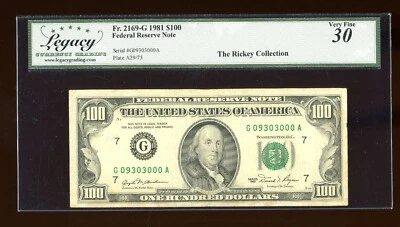 DBR 1981 $100 Chicago Fr. 2169-G Legacy 30 Serial G09303000A - Image 1 of 2