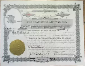 Gray Goose Airways 1939 Aviazione Stock Certificato NV Nevada Airline - Foto 1 di 1
