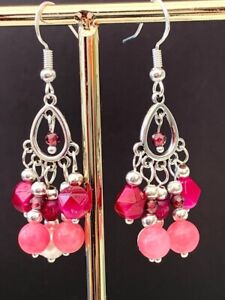 Magenta, pink, silver & pearl teardrop chandelier earrings with magenta gemstone
