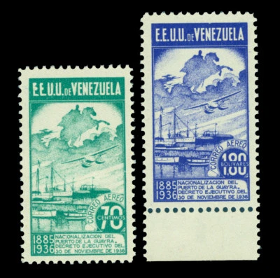 VENEZUELA 1937 AIRMAIL Port LaGuaira Nacionalization - UNISSUED Sc#C64-65var MNH - Image 1 of 2