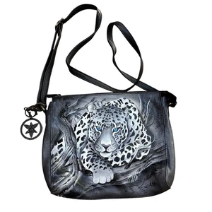 Anuschka Handbemalte Leder Handtasche Schultertasche Crossbody Grau & Weiß Tiger  - Bild 1 von 9