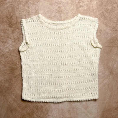 Suéter Tejido Abierto Crochet Hecho a Mano Vintage Años 90 Top Crema Sin Mangas Cuello Redondo  Foto 1 de 4