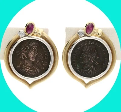 Diamond Ruby Byzantine Etruscan Roman Coin Clip-on Earrings .70CT 14K Gold - Image 1 of 4
