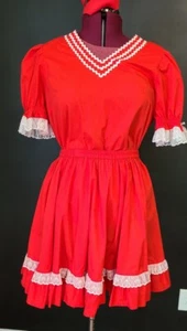 2 PC DRESS VTG Line Square Dancing Western Rockabilly Ruffle Lace Red Handmade - Picture 1 of 11