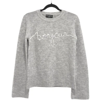 Karl Lagerfeld Paris Bonjour Sweater Script Lurex Sparkle Knit Gray S Glam - Image 1 of 4
