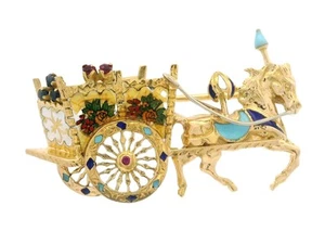 18k Gold Ruby Sapphire & Enamel Work Floral Chariot Carriage Horse Pin Brooch - Picture 1 of 4