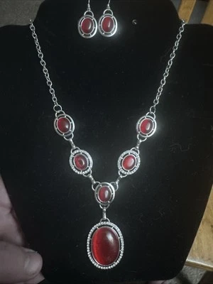Red Cat Eye Moonstone Pendant Silver Chain Lead & Nickel Free W/ Earrings - Image 1 of 2