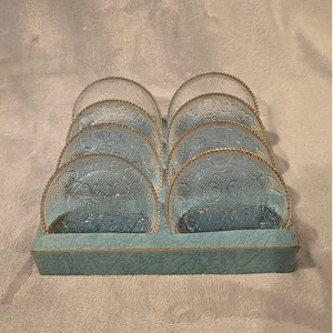 Vintage Jeannette Glass HARP Set of 8 Beaded Coaster Set Gold Trim 3 3/8" USA - Picture 1 of 4