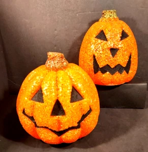 Halloween Seasons Melted Popcorn SMALL Orange LIGHTED Battery Op Pumpkins Set/2 - Picture 1 of 7
