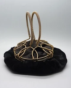 Vintage Black Velvet Collapsible Gold Wire Handle Egg Basket Top Evening Bag - Picture 1 of 9