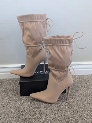 Size 6 Women's Pretty Little Things Sand Lycra Pointed Toe Detail Sock Boots - Image 1 of 4