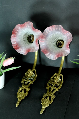 PAIR antique bronze wall lights sconces ram head pink glass shades Cover