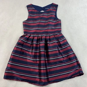 Nautica Girls Striped Satin Dress 6 Blue Maroon Pleated Nautical - Picture 1 of 8