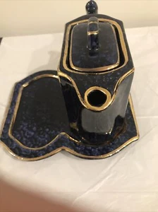 Wade Coffee Pot with Tray Marbelized Cobalt Blue with Gold Trim Made in England - Picture 1 of 12
