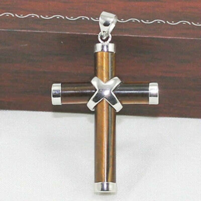Real Natural Tigereye Tigers Eye White Gold plated Cross Pendant Chain Necklace - Image 1 of 3