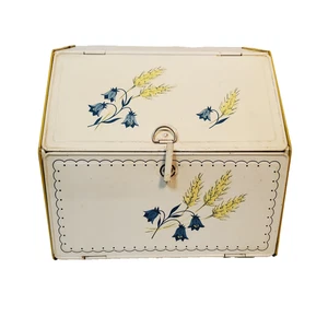 VTG Bread Box Pie Tin Safe Combo Cream Yellow Blue Floral Latched Retro Farm - Picture 1 of 15