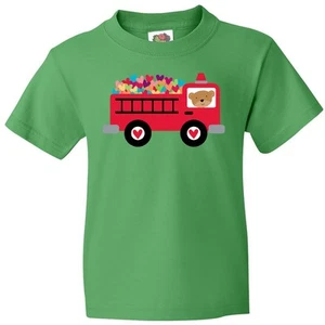 Inktastic Valentine Fire Truck Heart Bear Youth T-Shirt Babys 1st Valentines Day - Picture 1 of 9