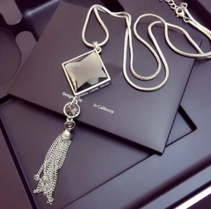 Fashion Women Pendant Necklace Square Big Drop Crystal Long Chain Sweater Tassel - Picture 1 of 2