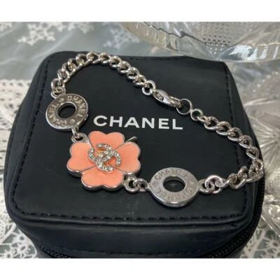 Auth CHANEL Rhinestone CC Logo Clover Charm Chain Bracelet Silver/Pink Used - Image 1 of 4
