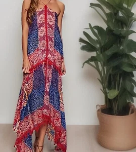 LOVESTITCH Dress Womens Small/Medium Red Batik Asymmetrical Tasseled Halter Maxi - Picture 1 of 15