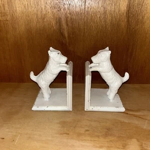 Vintage Pair of Iron Westie Scottie Dog Bookends White Distressed - Picture 1 of 11