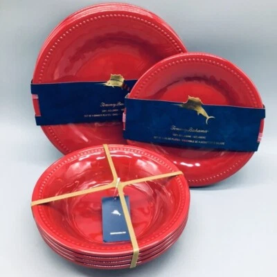 Conjunto de tigela 12 peças prato salada jantar melamina vermelha Tommy Bahama borda pontilhada feriados - Imagem 1 de 4
