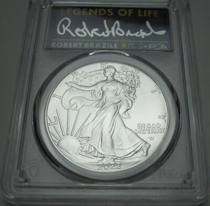 2022 Silver Eagle 1oz PCGS MS70 First Strike Legends Signed By Robert Brazile - Picture 1 of 8