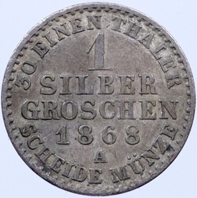1868 A PRUSSIA Germany State Silver 1 Groschen OLD Coin King Wilhelm I i119283 - Image 1 of 2