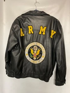 US Army Jacket Mens L Black 100% Leather Lined Full Zip Embroidered Motorcycle - Picture 1 of 16