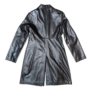 Trench cappotto vintage Express pelle nera con bottoni biker capriccioso donna 7/8 - Foto 1 di 7