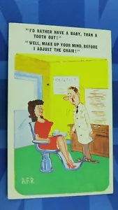 Freche Comic Postkarte 60er Jahre Zahnarztstuhl Kieferorthopäde EHER BABYZÄHNE RAUS HABEN - Bild 1 von 2